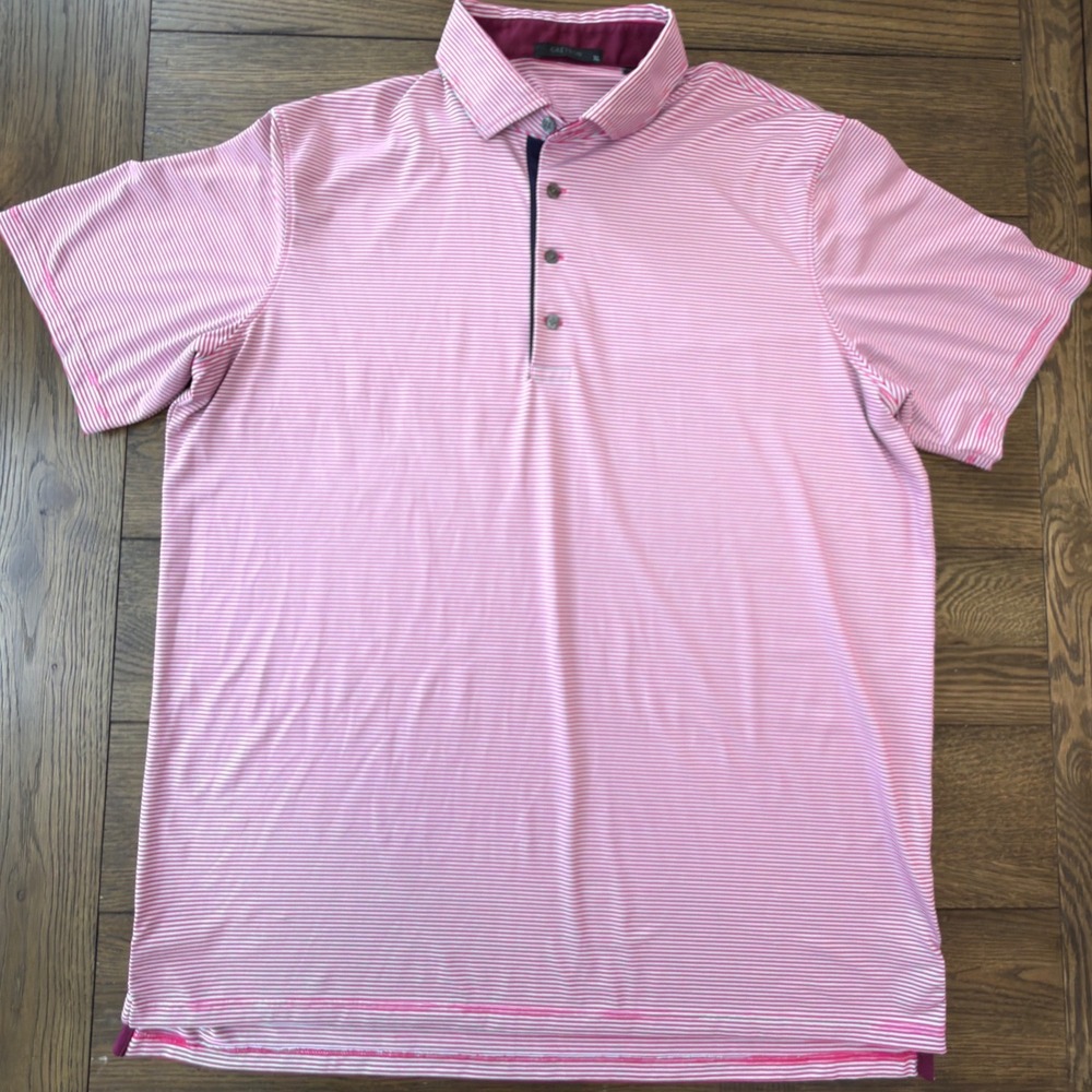 Greyson Mens XL Pink White Striped Performance Golf Polo Short Sleeve Shirt